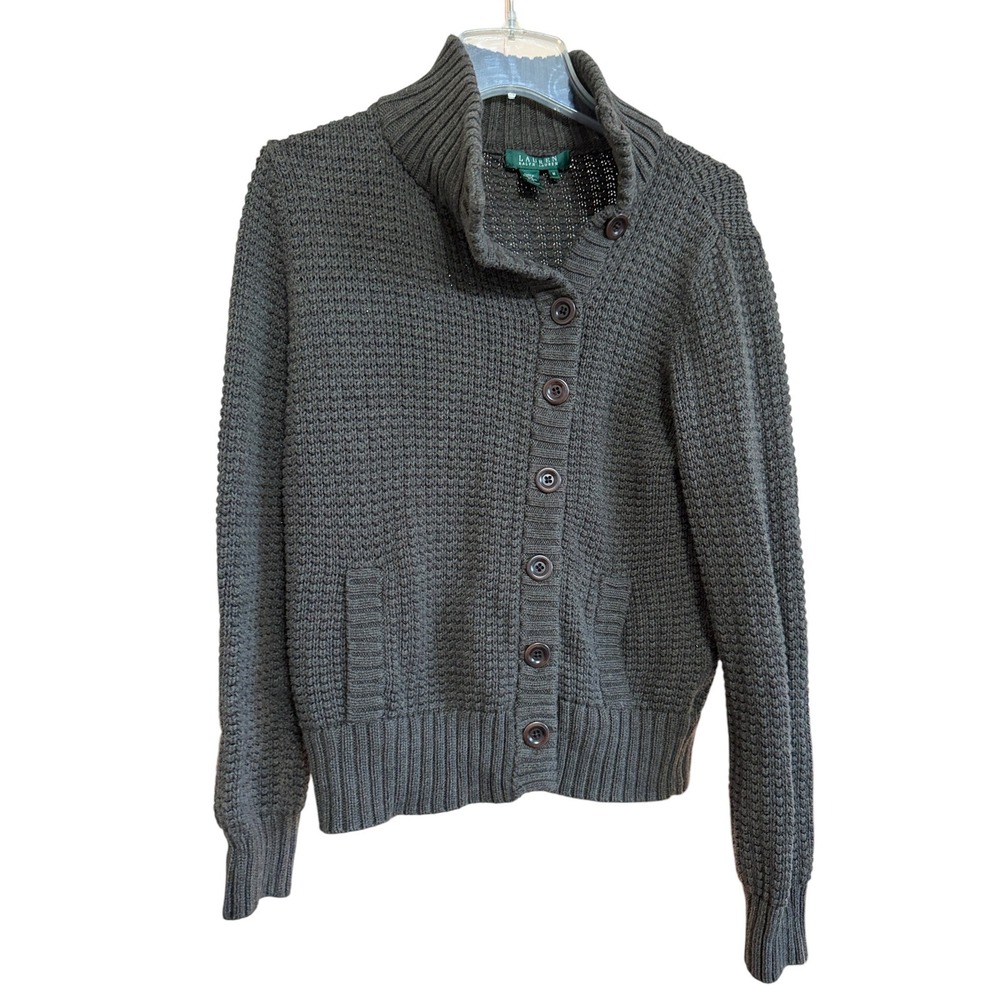 Lauren Ralph Lauren Olive Green Waffle Knit Asymmetrical Button Up Cardigan M